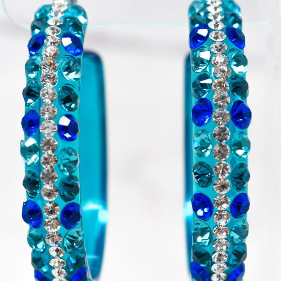 2.5" Clear Teal Lucite Blue Tones Rhinestone Hoops - Picture 5 of 10